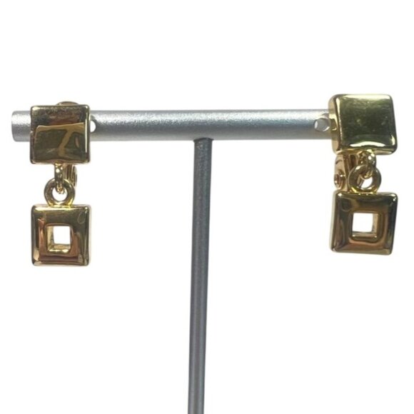 Vtg Monet Gold-Tone Geometric Square Drop Dangle Earrings Open Square Design - Picture 1 of 10